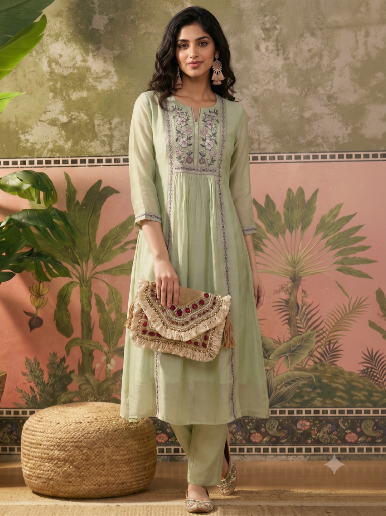 Embroidered Round Neck Kurta & Trousers