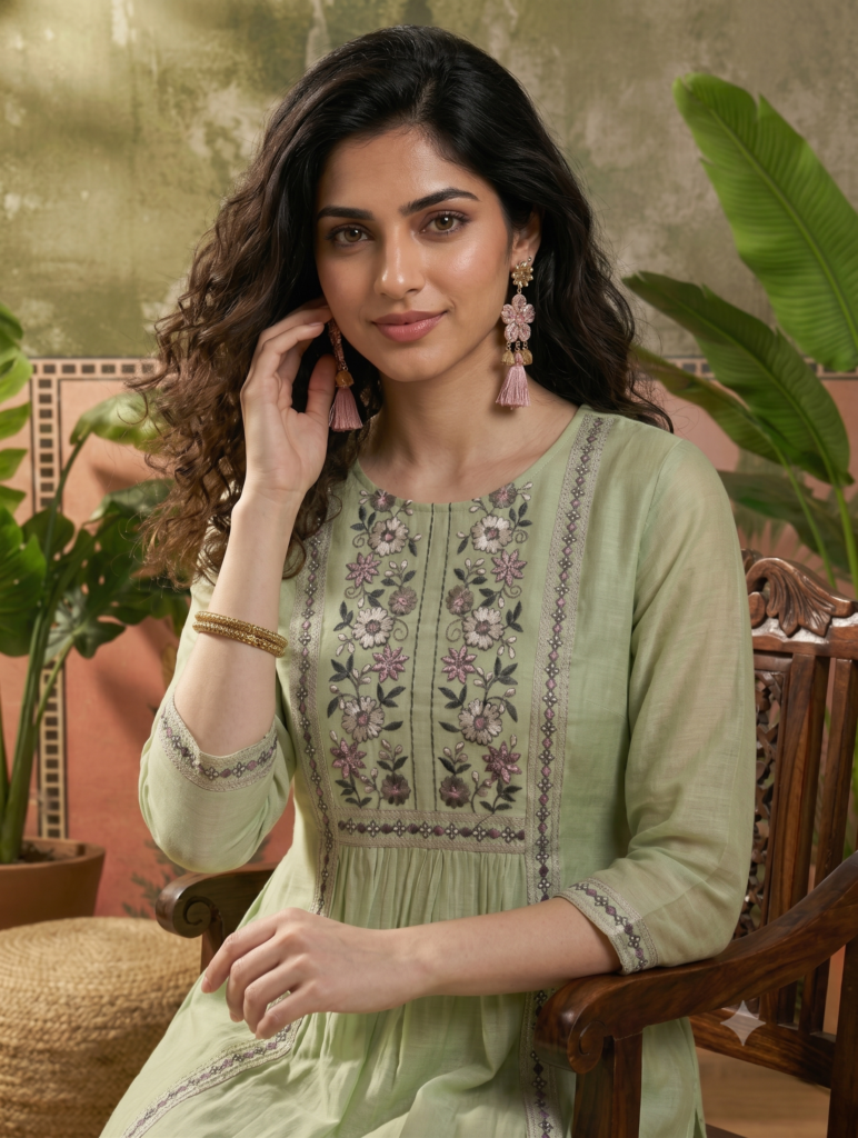 Embroidered Round Neck Kurta & Trousers