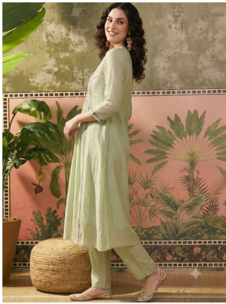Embroidered Round Neck Kurta & Trousers
