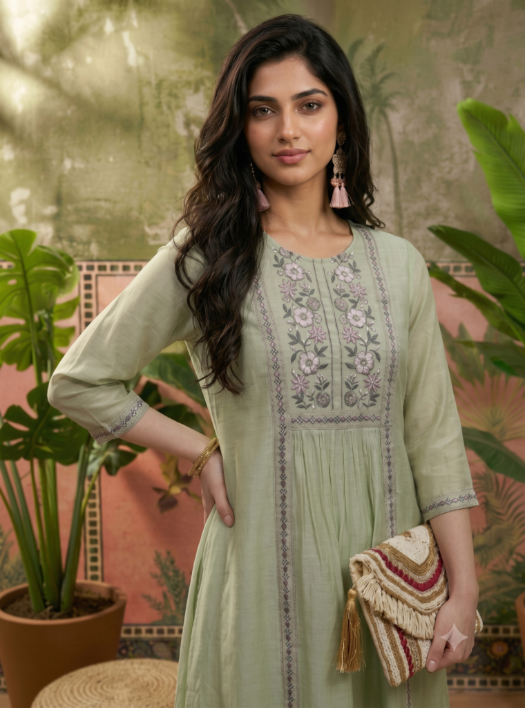 Embroidered Round Neck Kurta & Trousers