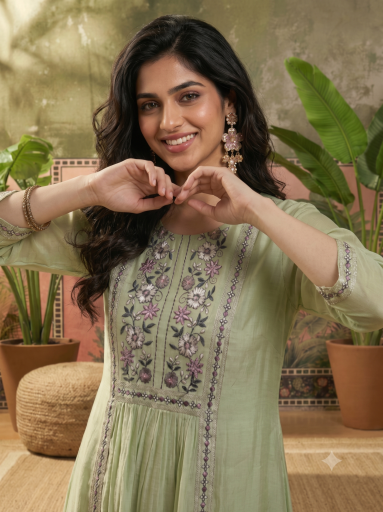 Embroidered Round Neck Kurta & Trousers