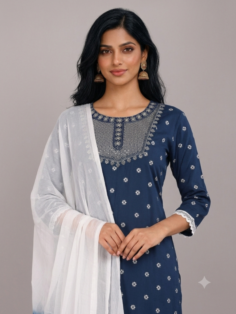 tushar handicrafts Printed, Embroidered, Color Block Kurta, Trouser/Pant & Dupatta Set