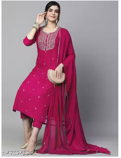 Women’s Pink Reyon Slub Embroidered Straight Kurta With Trouser & Dupatta