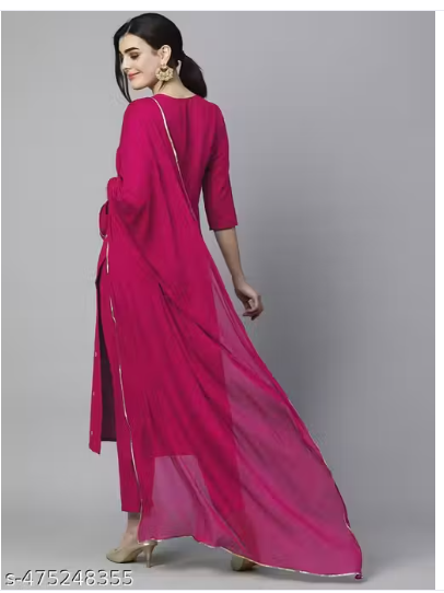 Women’s Pink Reyon Slub Embroidered Straight Kurta With Trouser & Dupatta