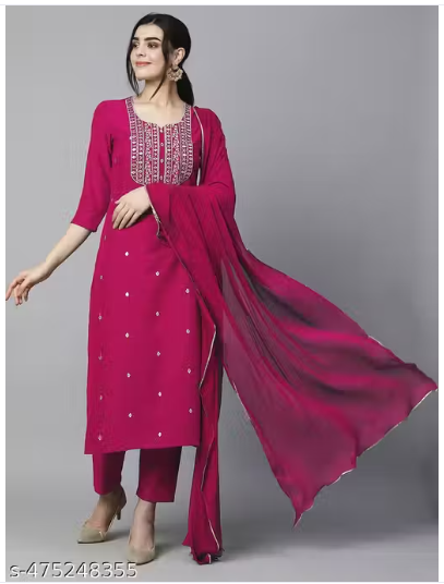 Women’s Pink Reyon Slub Embroidered Straight Kurta With Trouser & Dupatta