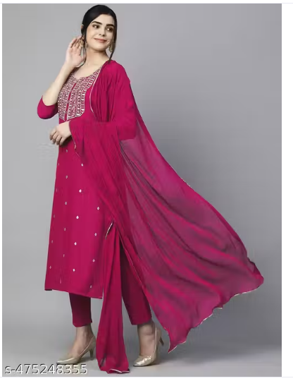 Women’s Pink Reyon Slub Embroidered Straight Kurta With Trouser & Dupatta