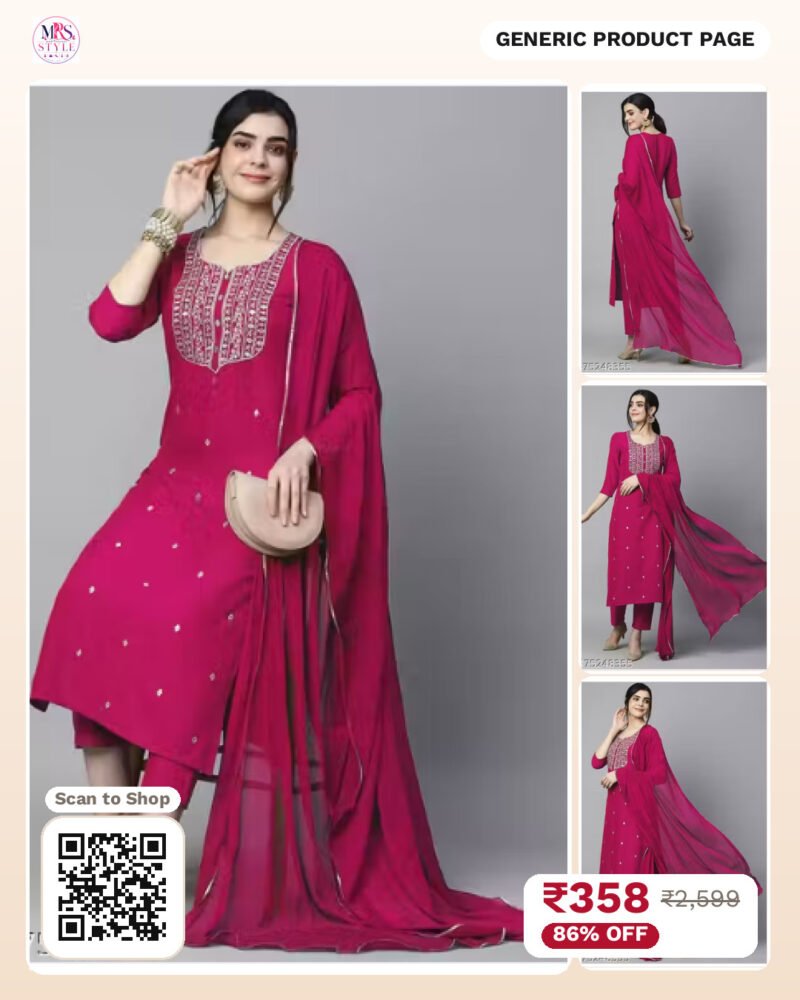 Women’s Pink Reyon Slub Embroidered Straight Kurta With Trouser & Dupatta