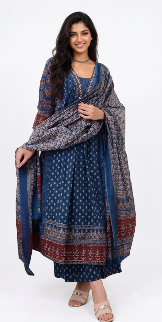Rayon Printed Anarkali Kurta and Pant with Dupatta Set