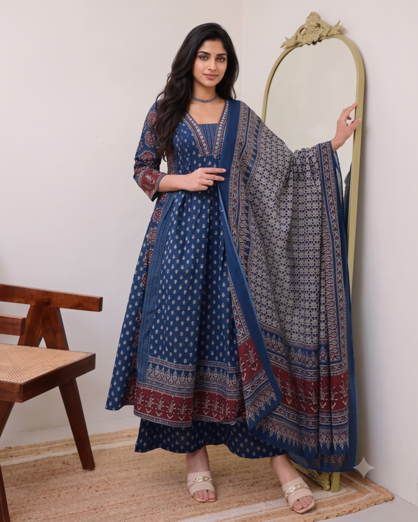 Rayon Printed Anarkali Kurta and Pant with Dupatta Set